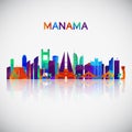 Manama skyline silhouette in colorful geometric style.