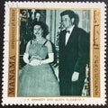 Manama, year 1971, stamp dedicated to the John Fitzgerald Kennedy with Queen Elizabeth II