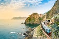 Manarola, Cinque Terre - train station in famous village with colorful houses on cliff over sea in Cinque Terre Royalty Free Stock Photo