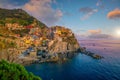 Manarola, Colorful cityscape on the mountains over Mediterranean sea in Cinque Terre Italy