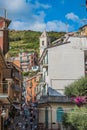 Manarola ITALY - 2 August 2023 - Street with tourists and colorful and picturesque houses