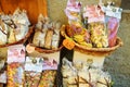 MANAROLA, ITALY - NOVEMBER 18, 2018: Various food, goods and typical souvenirs sold at small shops at the pedestrian area of