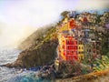 Manarola, photo illustration of the romantic resort town on the italian Cinque Terre