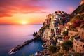 Manarola at sunset, Cinque Terre, Italy, AI Generated