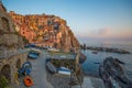 Manarola at sunset, 5 Terre, La Spezia province, Ligurian coast, Italy.