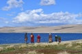 Manasarovar, Tibet, China, June, 14, 2018. Piople make parikrama around lake Manasarovar in Tibet