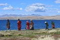 Manasarovar, Tibet, China, June, 14, 2018. Piople make parikrama around lake Manasarovar in Tibet