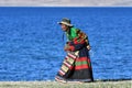 Manasarovar, Tibet, China, June, 14, 2018. Woman makes Kora around lake Manasarovar in Tibet