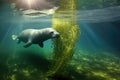manatee feeding on seagrass in a sunlit river