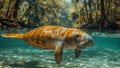 A manatee gracefully glides underwater in a lake near a forest Royalty Free Stock Photo