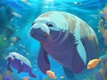 manatee and her calf swimming in the blue clear water Royalty Free Stock Photo