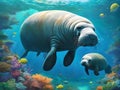 a manatee and her calf swimming in the blue clear water Royalty Free Stock Photo