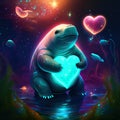 Manatee hugging heart Hippo with heart in his hands. Valentine\'s Day. AI generated animal ai Royalty Free Stock Photo
