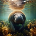 Manatee swims under the crystal clear river, in search of food