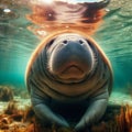 Manatee swims under the crystal clear river, in search of food