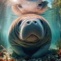 Manatee swims under the crystal clear river, in search of food