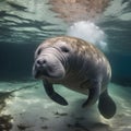 Manatee underwater shooting. Sea cow, large marine animal, mammal. Royalty Free Stock Photo