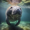 Manatee underwater shooting. Sea cow, large marine animal, mammal. Royalty Free Stock Photo