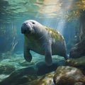 manatees in the sunny water of the river