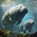 manatees in the sunny water of the river