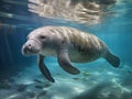 A Manatees swimming in a crystal clear water. Endangered animal. AI Generated Image