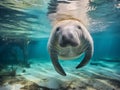 A Manatees swimming in a crystal clear water. Endangered animal. AI Generated Image