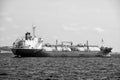 Manaus, Brazil - December 04, 2015: barge shipping cargo in blue sea. Shipment and delivery concept. Ocean transport and