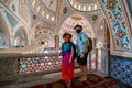 Manavgat, Turkey - August 28 2020: Central Mosque complex, Interior. Magnificent mosque Couple of tourists posing in masks Merkez Royalty Free Stock Photo