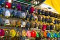 10.11.2022 Manavgat, Turkey - Bazaar. Numerous colourful backpacks put on a display at a famous Turkish marketplace