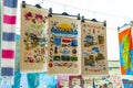 10.11.2022 Manavgat, Turkey - Decorative wall hangings souvenirs displayed at a stand at Trurkish Bazaar. Horizontal