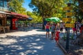 Manavgat, Turkey - September 8, 2022: People buying souvenirs near natural landmark of manavgat waterfall with waterfall