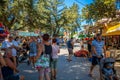 Manavgat, Turkey - September 8, 2022: People buying souvenirs near natural landmark of manavgat waterfall with waterfall