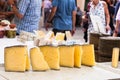 Manchego cheese for sale in the stall of Sineu market, Majorca