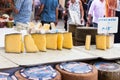 Manchego cheese for sale in the stall of Sineu market