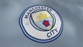 Manchester city football club flag with the emblem of a ship, seamless loop. Motion. National flag of the english lub