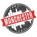 Manchester England Round Travel Stamp Icon Skyline City Design. Seal Badge Illustration.