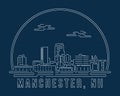 Manchester, New Hampshire - Cityscape with white abstract line corner curve modern style on dark blue background, building skyline