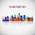 Manchester skyline silhouette in colorful geometric style.