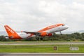 MANCHESTER UK, AUGUST 20 2020: easyJet airlines Airbus A320-214 flight U21873 to Jersey, UK, is documented taking off from runway Royalty Free Stock Photo