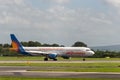 MANCHESTER UK, AUGUST 20 2020: Jet2holidays Airbus A321-211.flight LS962 from Dubrovnik Airport, Croatia, is documented braking