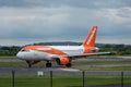 MANCHESTER UK, 30 MAY 2019: Easyjet Airbus A320 flight U21950 from Geneva turns off Runway 28R at Manchester Airport after landing Royalty Free Stock Photo