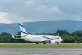 MANCHESTER UK, 30 MAY 2019: El Al Israel Airlines Boeing 737 flight LS804 to Tel Aviv holds short of runway 23L at Manchaester