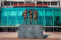 The United Trinity bronze sculpture at Old Trafford Stadium in Manchester, UK