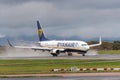 MANCHESTER, UK 30 OCTOBER 2020 - Ryanair Boeing B737-8AS B738 flight FR1592 from Cologne lands at Manchester Airport in the rain