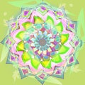 Vector mandala flower in light colors, with abstract background in light green,aquamarine and a flower in pink, blue, purple