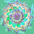 DAHLIA FLOWER MANDALA IN PASTEL COLORS, PURPLE, TURQUOISE, AQUAMARINE, GREEN, PINK, DECORATIVE IMAGE WITH TRANSPARENCY