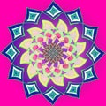 INDIAN FLOWER MANDALA IN PURPLE, YELLOW GREEN BLUE. NAIVE IMAGE, VINTAGE STYLE