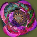 INDIAN ROUND FLOWER MANDALA. COLORFUL IMAGE N PURPLE, GREEN, BLUE PALLET, WITH A PLANE OLIVE BACKGROUND