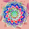 Indian vintage mandala flower in pastel colors, abstract background in soft pink and burgundy centra flower in green, pink, orange Royalty Free Stock Photo