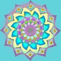 Daisy flower mandala, in pastel colors pallet, plane turquoise background, vintage image